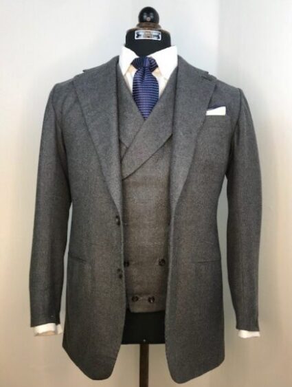 Jacket and double breasted waistcoat with peaked lapels in grey 13 oz flannel from Harrisons, Jacket and double breasted waistcoat with peaked lapels in grey 13 oz flannel from Harrisons,.